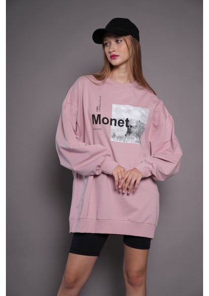 Kadın Oversize Baskılı Uzun Sweatshirt 24539 Gül Kurusu