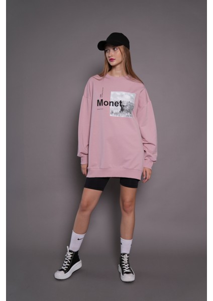 Kadın Oversize Baskılı Uzun Sweatshirt 24539 Gül Kurusu