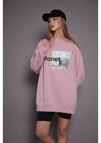 Kadın Oversize Baskılı Uzun Sweatshirt 24539 Gül Kurusu