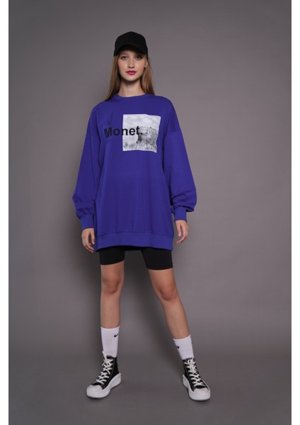 Kadın Oversize Baskılı Uzun Sweatshirt 24539 Sax
