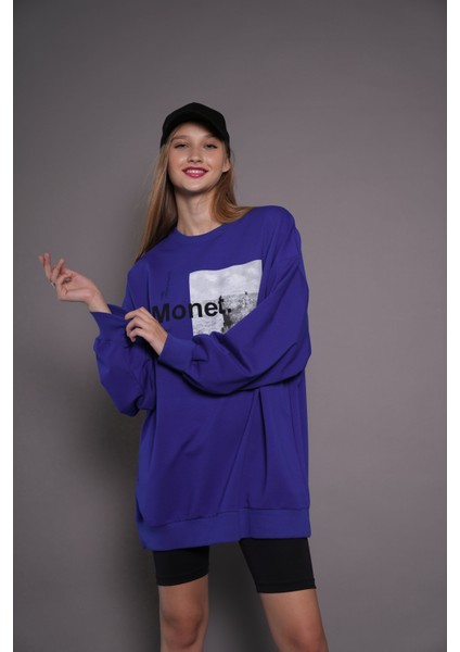 Kadın Oversize Baskılı Uzun Sweatshirt 24539 Sax