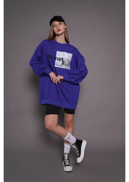 Kadın Oversize Baskılı Uzun Sweatshirt 24539 Sax
