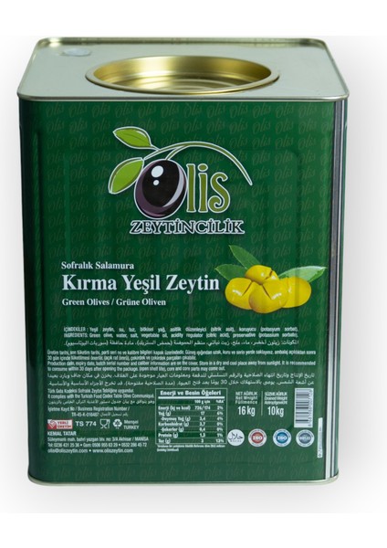 Kırma Yeşil Zeytin Süzme Ağırlık 10 kg Teneke