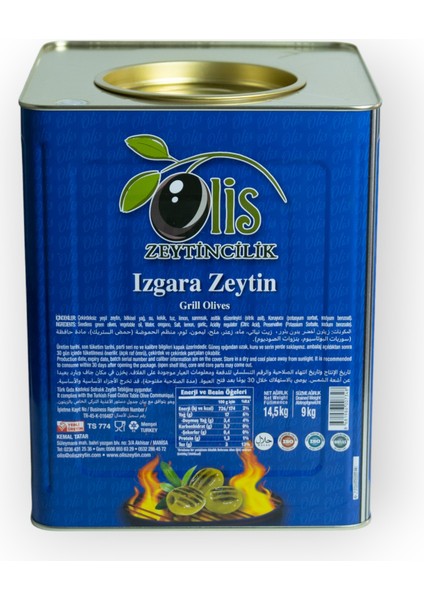 Izgara Yeşil Zeytin 4 XL 141-160 Kalibre Süzme Ağırlık 9 kg Teneke