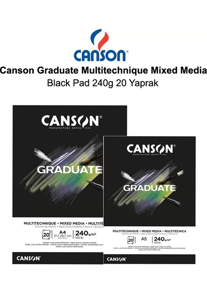 Graduate Multitechnique Mixed Media Black Pad 240G 20 Yaprak
