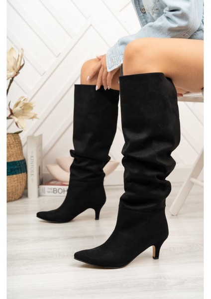 SYT-2001 Siyah Süet Körüklü Topuklu Günlük Bayan Çizme