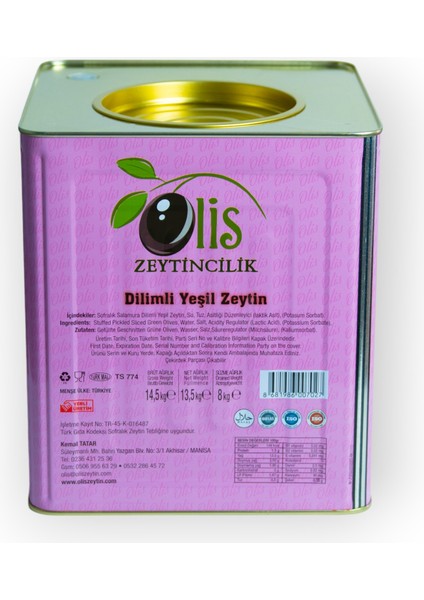 Dilimli Yeşil Zeytin Süzme Ağırlık 8 kg Teneke