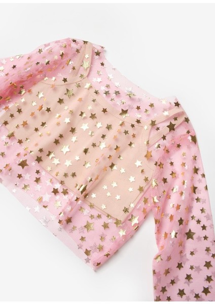Pembe Uzun Kollu Yıldızlı Kız Çocuk Tül Crop fırsatları
