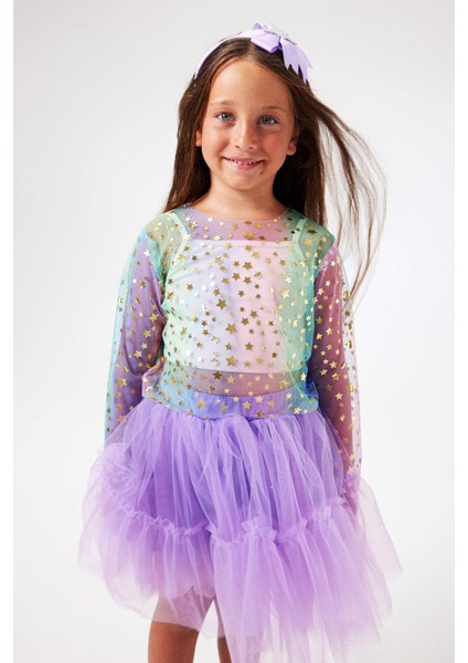 Çok Renkli Uzun Kollu Yıldızlı Kız Çocuk Tül Crop