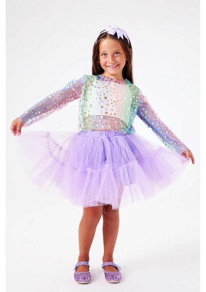 Çok Renkli Uzun Kollu Yıldızlı Kız Çocuk Tül Crop fiyatları