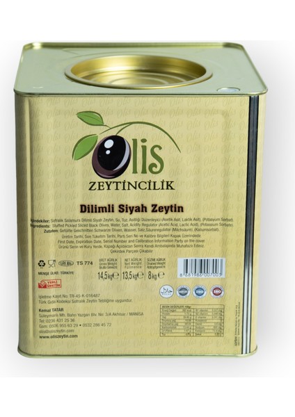 Dilimli Siyah Zeytin Süzme Ağırlık 8 kg Teneke Ambalaj