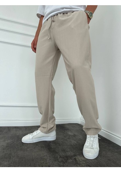 Beli Lastikli Kendinden Çizgili Baggy Pantolon