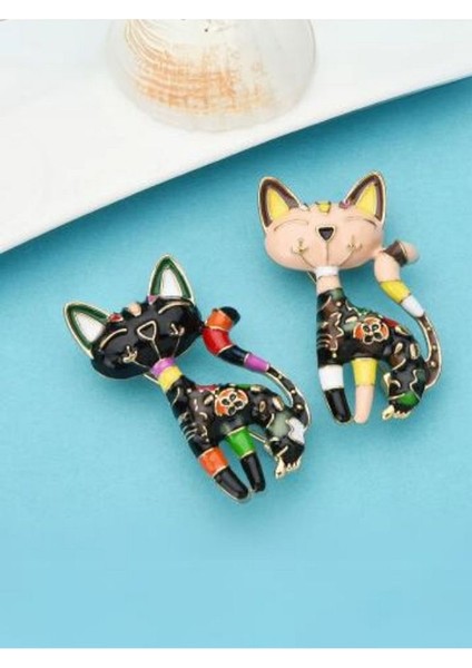 Siyah Üzerine Renkli Yaldızlı Kedi Broş indirimleri