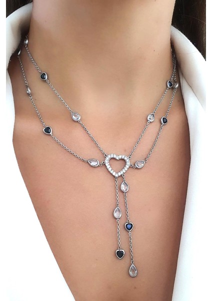 Oniks ve Zirkon Taş Detaylı Kalp Figürlü 925 Ayar Gümüş Tasarım Kolye