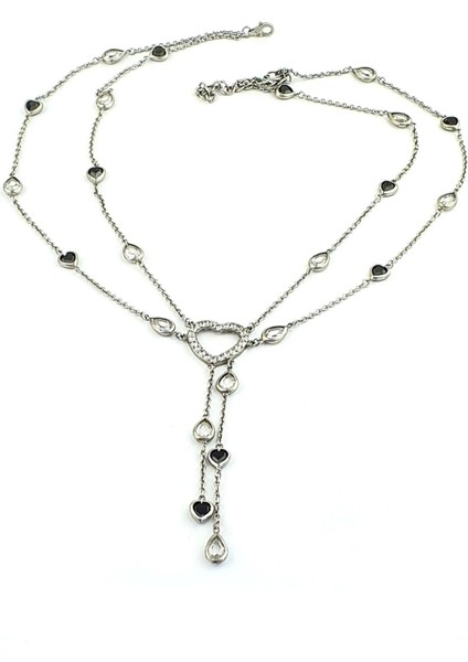 Oniks ve Zirkon Taş Detaylı Kalp Figürlü 925 Ayar Gümüş Tasarım Kolye fiyatları