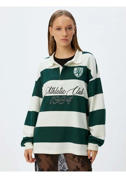 Polo Yaka Sweatshirt Oversize Kolej Baskılı - Koton - 5WAL10214IK - Yeşil Çizgili - Xl