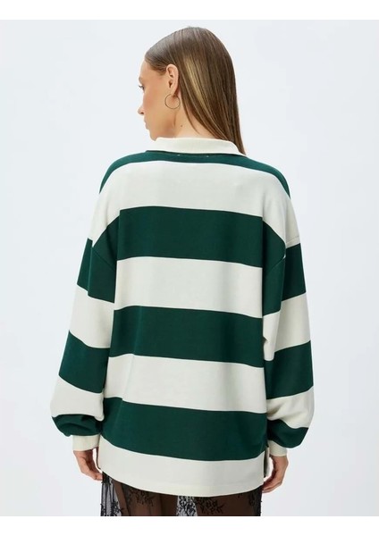 Polo Yaka Sweatshirt Oversize Kolej Baskılı - Koton - 5WAL10214IK - Yeşil Çizgili - Xl