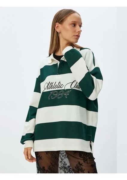 Polo Yaka Sweatshirt Oversize Kolej Baskılı - Koton - 5WAL10214IK - Yeşil Çizgili - Xl