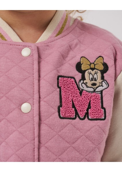 Kız Çocuk Minnie Mouse Nakışlı Kapitoneli Kolej Bomber ceket