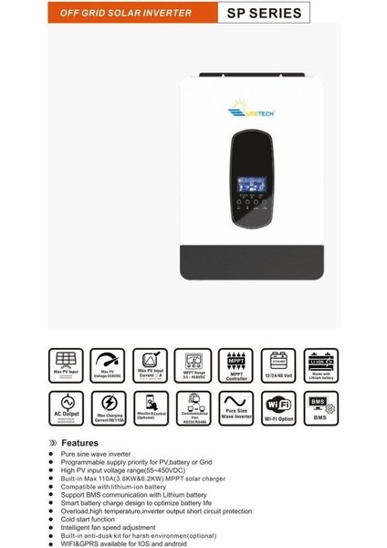 2.2KVA 1.8KW 1800 Watt Tam Sinüs Akıllı 80A H.V. MPPT 55-450V İnverter 12V-220Vac 1kva 1kw İnvertör fiyatları