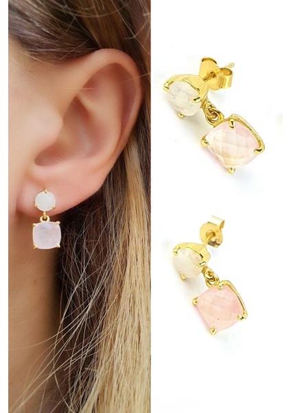 Ay Taşlı ve Pembe Kuvars Taşlı 925AYAR Gümüş Üzerine Altın Kaplama Tasarım Doğal Taş Küpe