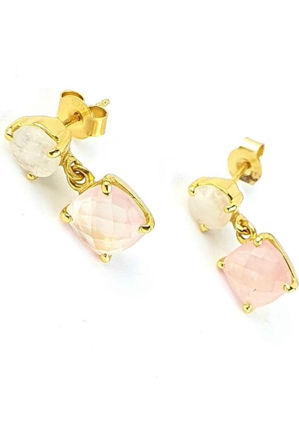 Ay Taşlı ve Pembe Kuvars Taşlı 925AYAR Gümüş Üzerine Altın Kaplama Tasarım Doğal Taş Küpe modelleri