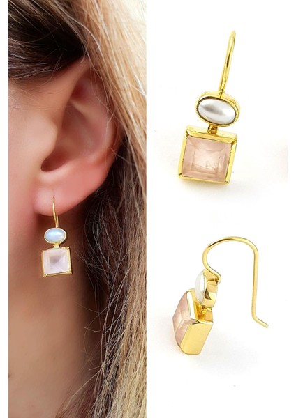 Inci ve Pembe Kuvars Taşlı 925AYAR Gümüş Üzerine Altın Kaplama Tasarım Doğal Taş Küpe