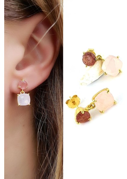 Pembe Kuvars ve Pembe Turmalin Taşlı 925AYAR Gümüş Üzerine Altın Kaplama Tasarım Doğal Taş Küpe