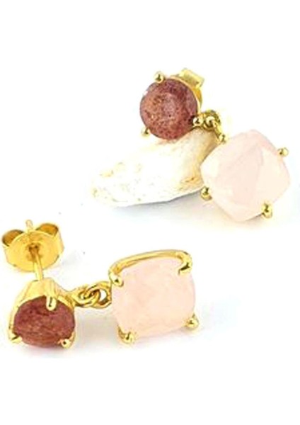 Pembe Kuvars ve Pembe Turmalin Taşlı 925AYAR Gümüş Üzerine Altın Kaplama Tasarım Doğal Taş Küpe fiyatları