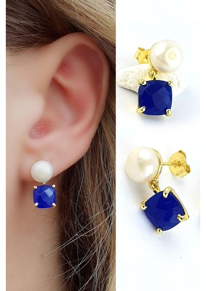 Inci ve Lapis Lazuli Taşlı 925AYAR Gümüş Üzerine Altın Kaplama Tasarım Doğal Taş Küpe