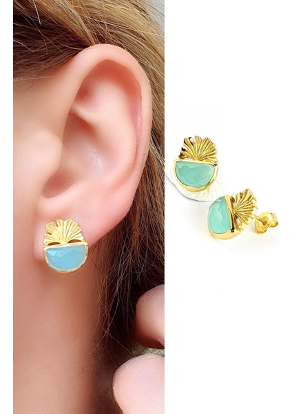 Kalsedon Taşlı 925AYAR Gümüş Üzerine Altın Kaplama Tasarım Doğal Taş Küpe