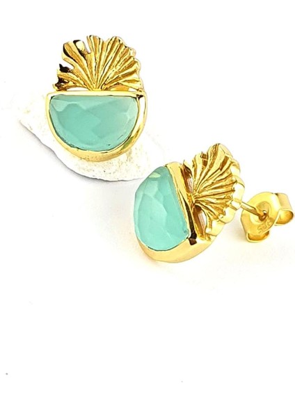 Kalsedon Taşlı 925AYAR Gümüş Üzerine Altın Kaplama Tasarım Doğal Taş Küpe modelleri