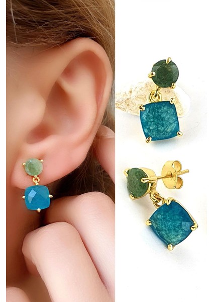 Kök Zümrüt ve Mavi Kuvars Taşlı 925AYAR Gümüş Üzerine Altın Kaplama Tasarım Trend Doğal Taş Küpe