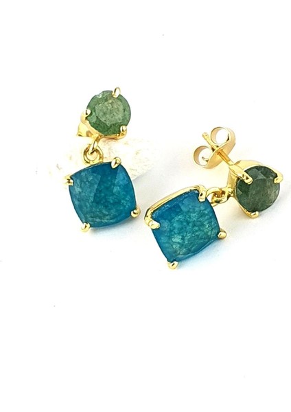 Kök Zümrüt ve Mavi Kuvars Taşlı 925AYAR Gümüş Üzerine Altın Kaplama Tasarım Trend Doğal Taş Küpe fiyatları