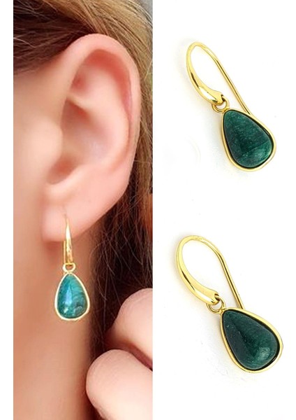 Yeşim Taşlı 925AYAR Gümüş Üzerine Altın Kaplama Tasarım Damla Doğal Taş Küpe