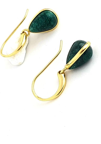 Yeşim Taşlı 925AYAR Gümüş Üzerine Altın Kaplama Tasarım Damla Doğal Taş Küpe modelleri