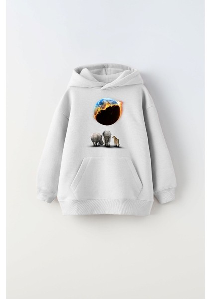 Kapüşonlu Içi Polar Burning World And Animals Baskılı Beyaz Unisex Çocuk Sweatshirt