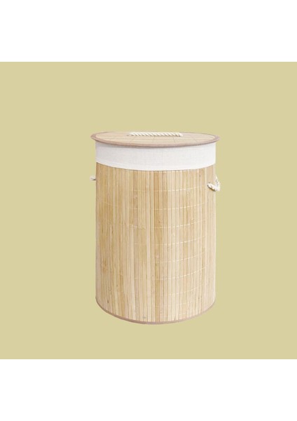 Bambu Bej Yuvarlak Katlanır Çamaşır Sepeti 50CM