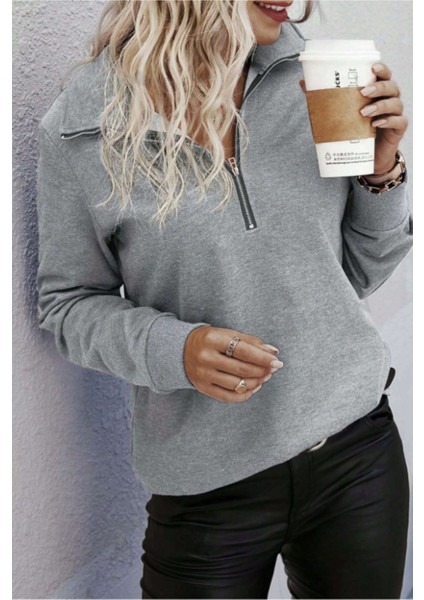 Styles Kadın Uzun Kol Dik Yaka Pamuklu Yarım Fermuar Casual Sweatshirt