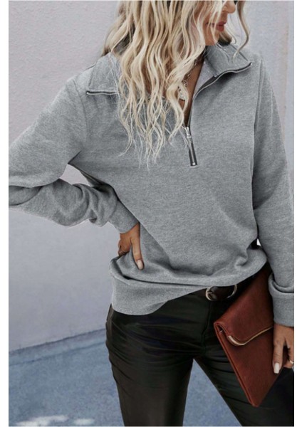 Styles Kadın Uzun Kol Dik Yaka Pamuklu Yarım Fermuar Casual Sweatshirt fiyatları