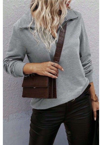 Styles Kadın Uzun Kol Dik Yaka Pamuklu Yarım Fermuar Casual Sweatshirt modelleri