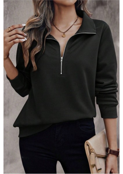 Styles Kadın Uzun Kol Dik Yaka Pamuklu Yarım Fermuar Casual Sweatshirt