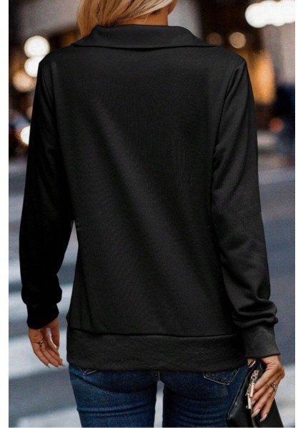 Styles Kadın Uzun Kol Dik Yaka Pamuklu Yarım Fermuar Casual Sweatshirt fırsatları