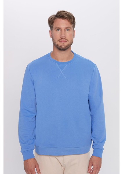 Relax Fit Rahat Kesim Pamuklu Basic Indigo Renk Bisiklet Yaka Sweatshirt fiyatları