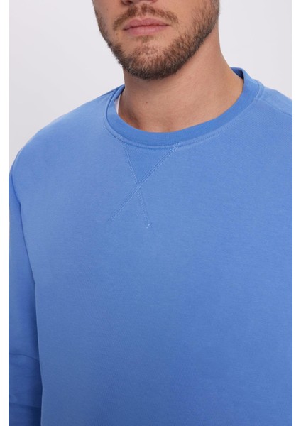 Relax Fit Rahat Kesim Pamuklu Basic Indigo Renk Bisiklet Yaka Sweatshirt fırsatları