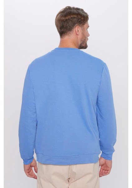 Relax Fit Rahat Kesim Pamuklu Basic Indigo Renk Bisiklet Yaka Sweatshirt