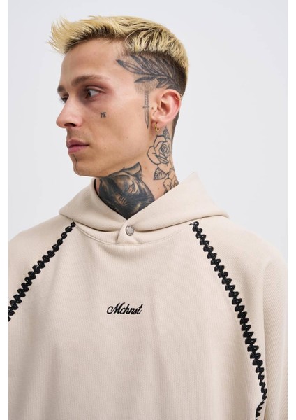 Kapüşonlu Crochet Embroıdered Baskı Oversize Sweatshirt