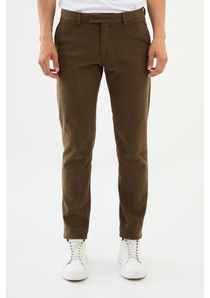 Çizgili Kamel Rengi Super Slim Fit Kadife Erkek Pantolon