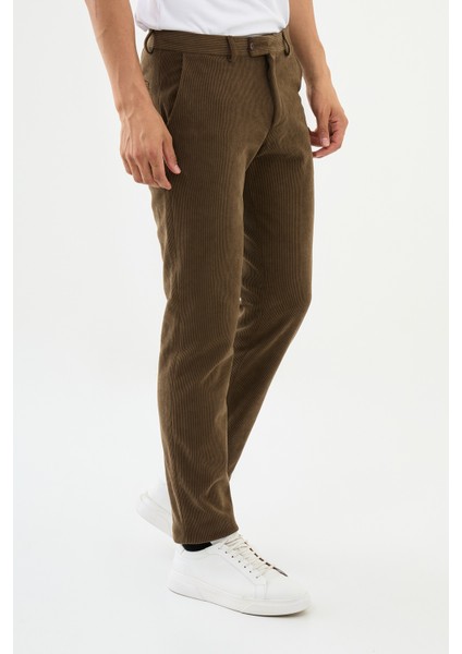 Çizgili Kamel Rengi Super Slim Fit Kadife Erkek Pantolon modelleri