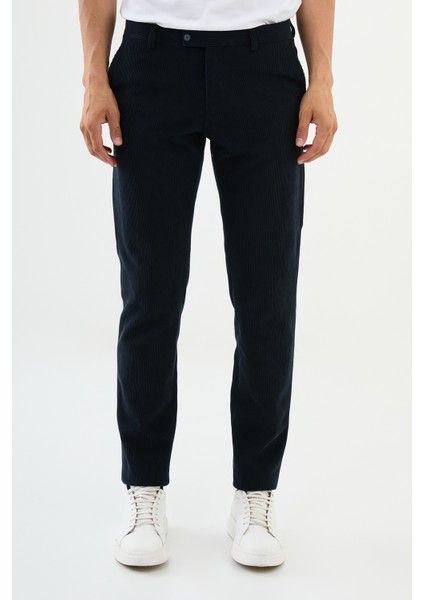 Çizgili Lacivert Super Slim Fit Kadife Erkek Pantolon